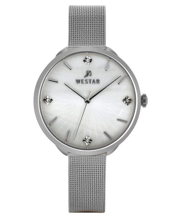 Westar Zing Crystal Accents Stainless Steel Mesh White Mother Of Pearl Dial Quartz 00128STN11 Women's Watch 1 Westar Zing Crystal Accents Stainless Steel Mesh White Mother Of Pearl Dial Quartz 00128STN11 Women's Watch